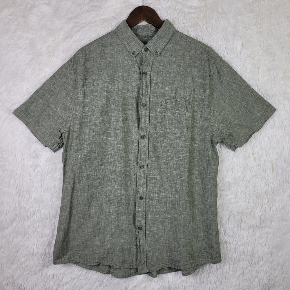 Onia Mens L Olive Green Linen Blend Short Sleeve Button Down Shirt Resort Preppy